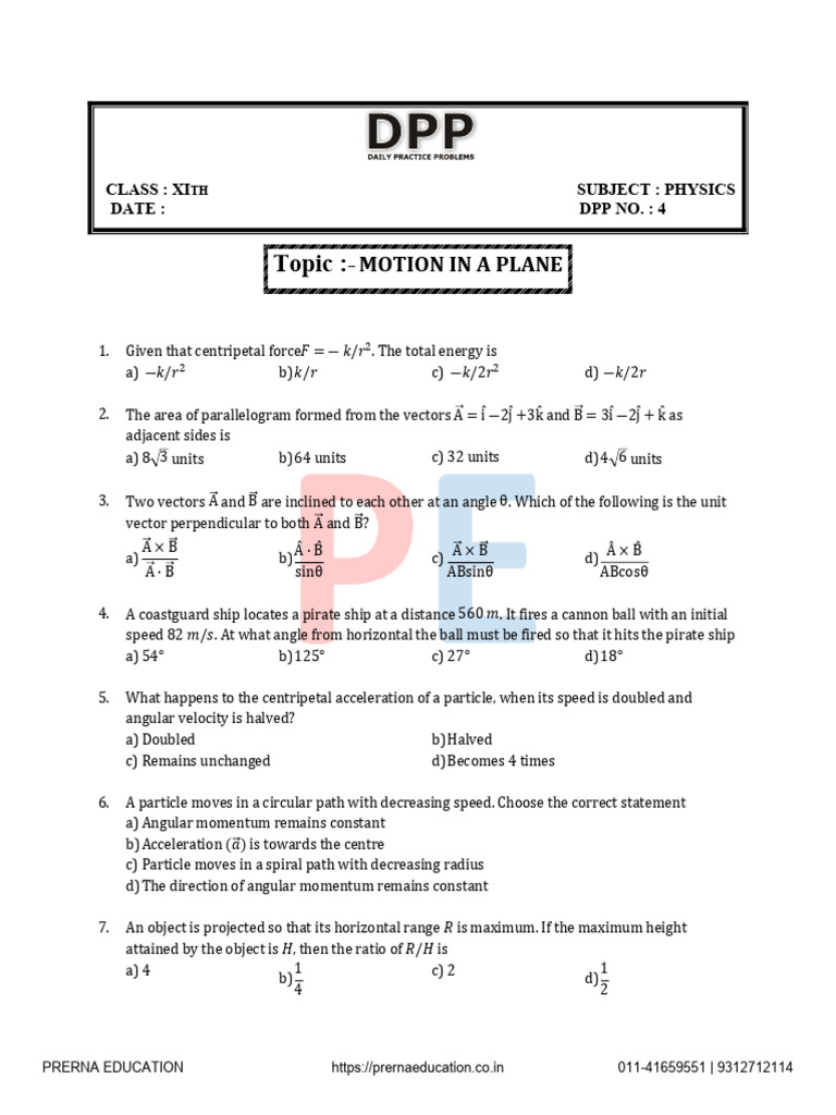 Physics DPP for Class XI: Motion in Plane | PDF | Force | Angular Momentum