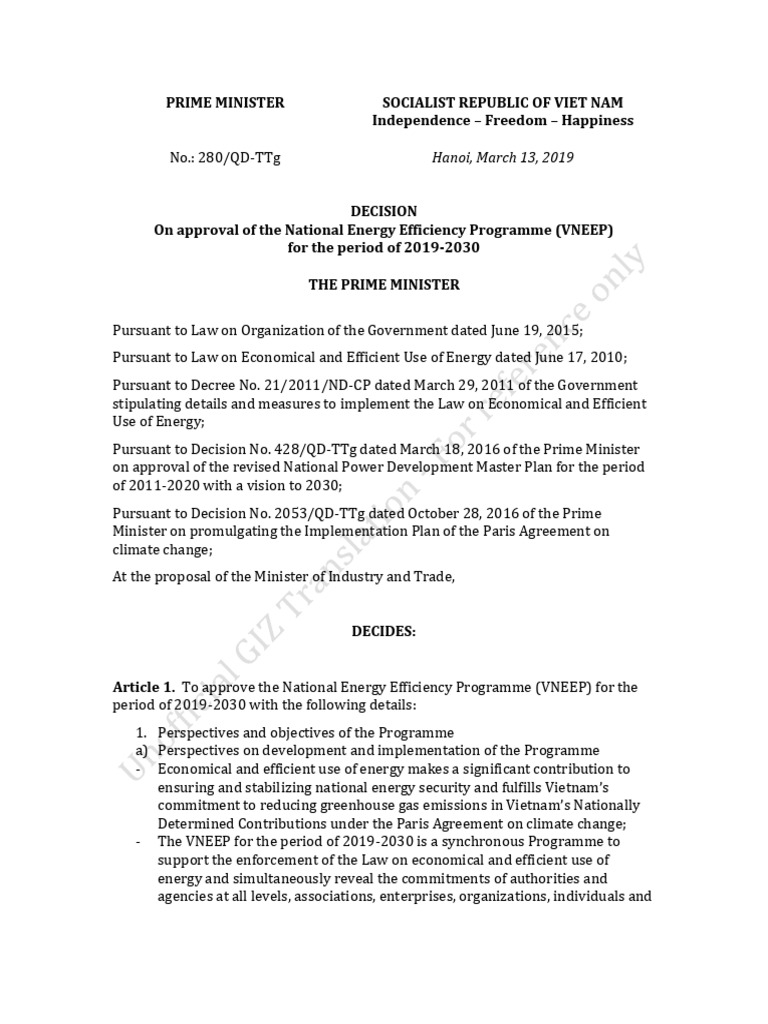 VNEEP 2019-2030 Energy Efficiency Program | PDF | Energy Conservation ...