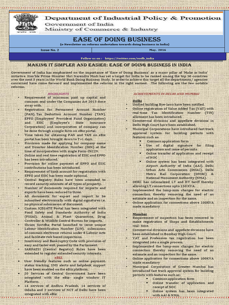 Ease of Doing Business Reforms in India | PDF | Employment | Value ...