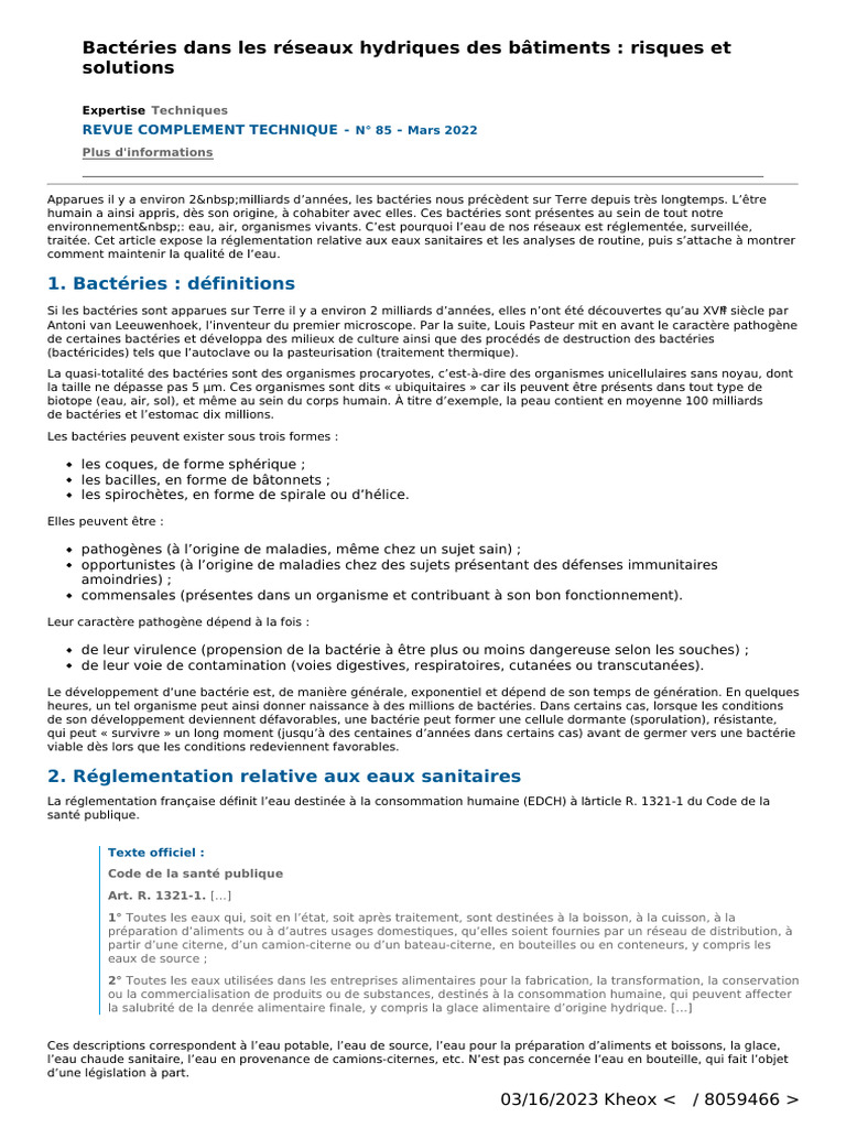 Bactéries et qualité de l'eau sanitaire | PDF | Bactérie | Boire de l'eau