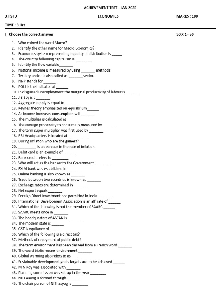 XII Std Economics Achievement Test 2025 | PDF | Economics | Macroeconomics
