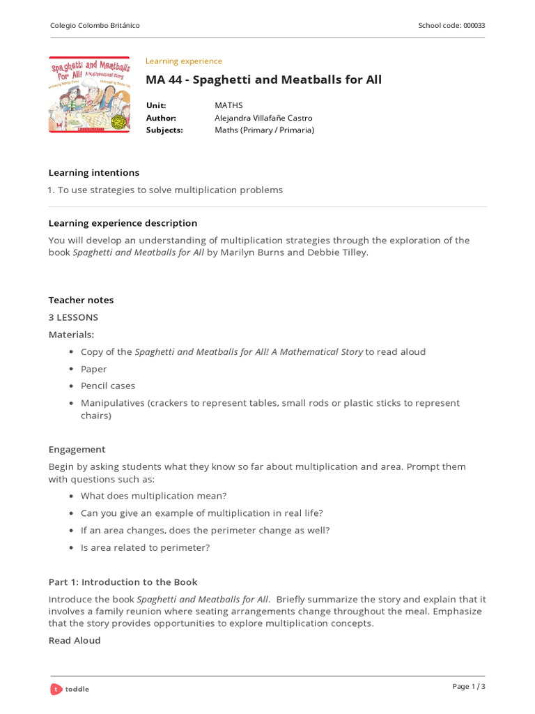 Spaghetti and Meatballs Math Lessons | PDF | Mathematics | Behavior ...