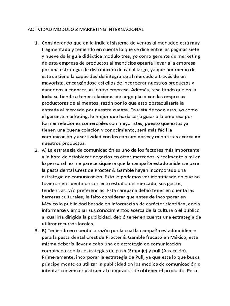 Actividad Modulo 3 Marketing Internacional | PDF | Marketing | Publicidad