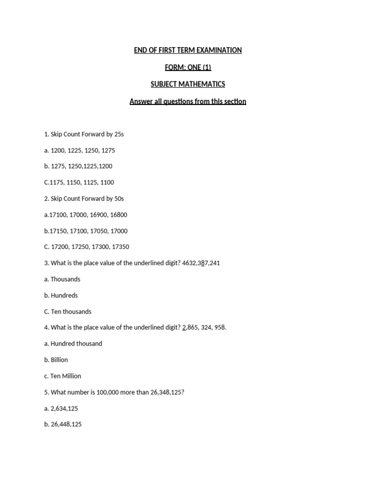End of First Te-Wps Office (Maths Form 1) | PDF | Elementary ...