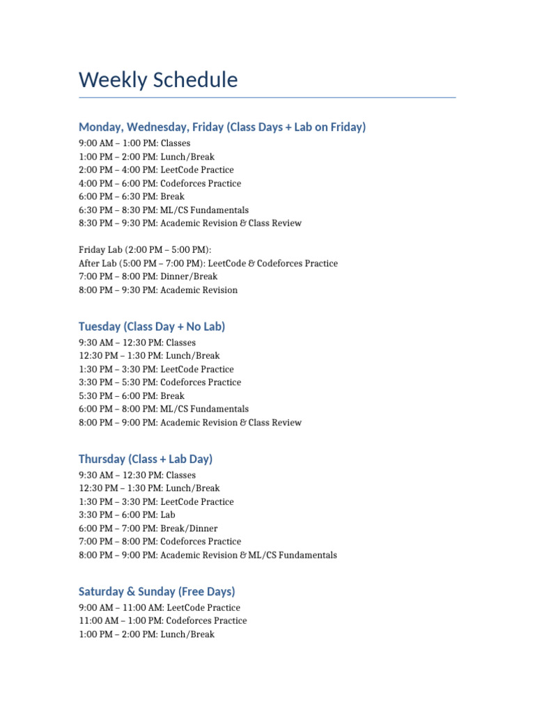 Weekly Study and Practice Schedule | PDF