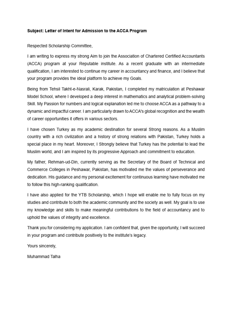 ACCA Program Admission Intent Letter | PDF