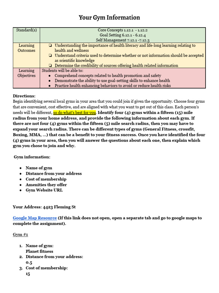 Local Gym Options and Details | PDF | Goal Setting | Learning