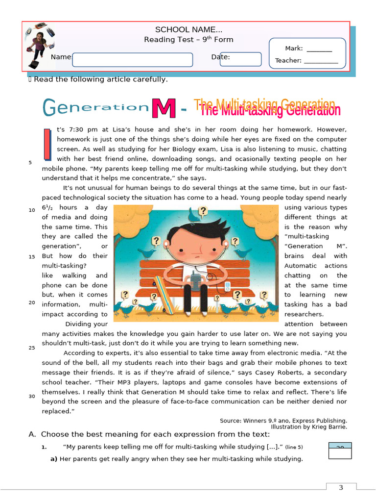 9th Grade Reading Test on Multi-Tasking | PDF | Homework