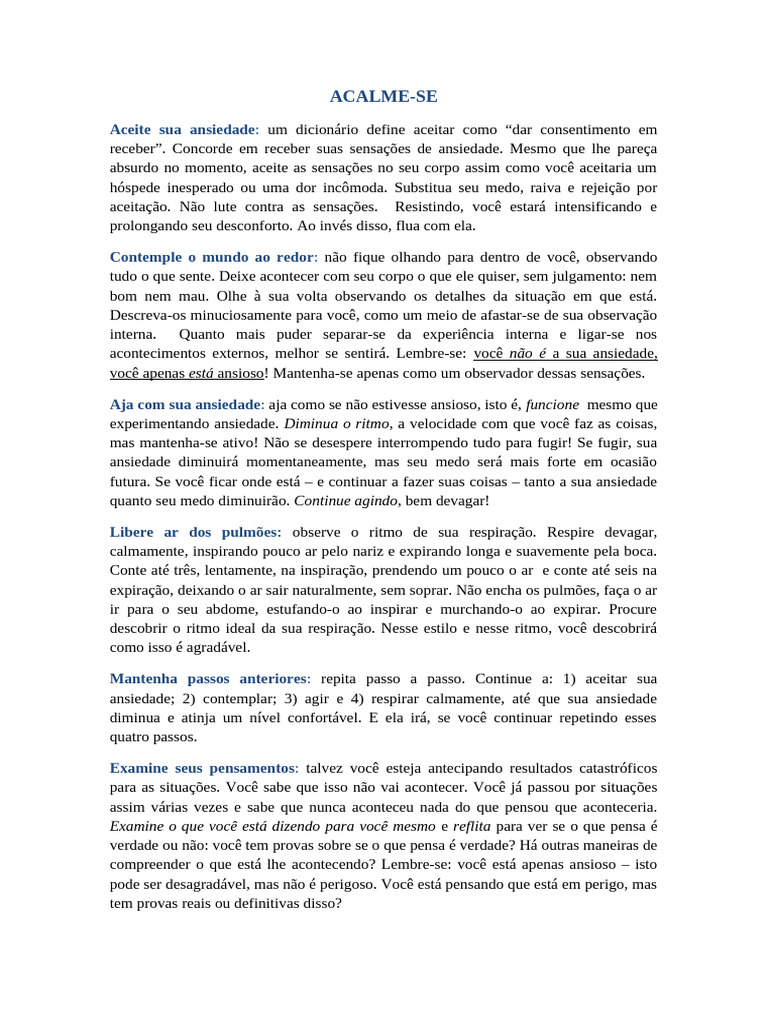 Como Acalmar a Ansiedade Eficazmente | PDF | Ansiedade | Pensamento