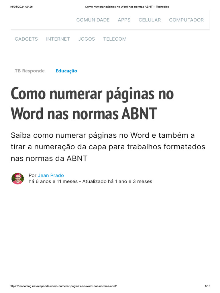 Como Numerar P ginas No Word Nas Normas ABNT Tecnoblog PDF 