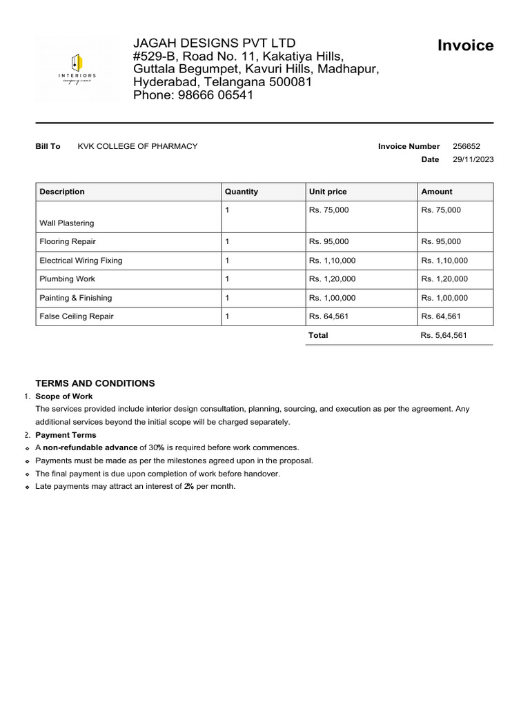 KVK College Invoice for Construction Services | PDF