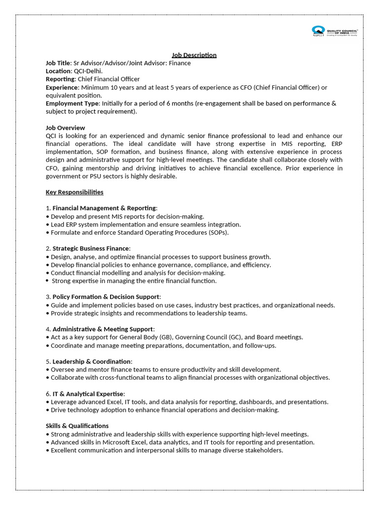 Senior Finance Advisor Job Description | PDF | Chief Financial Officer ...
