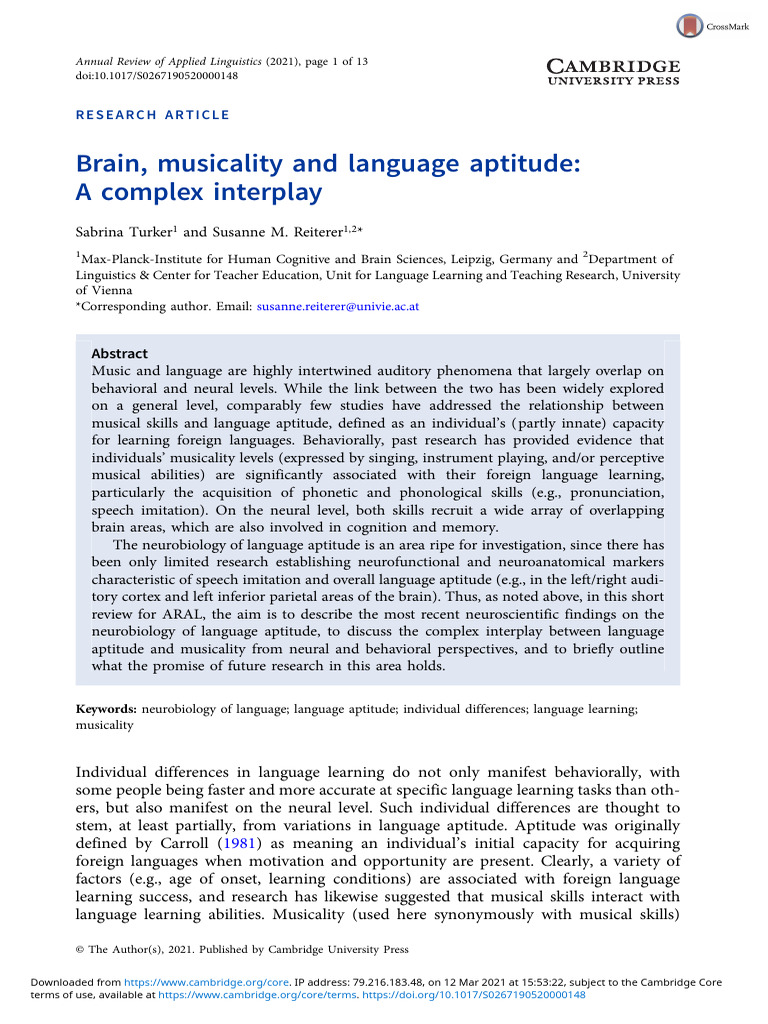 Neurobiology of Language and Musicality | PDF | Language Acquisition ...