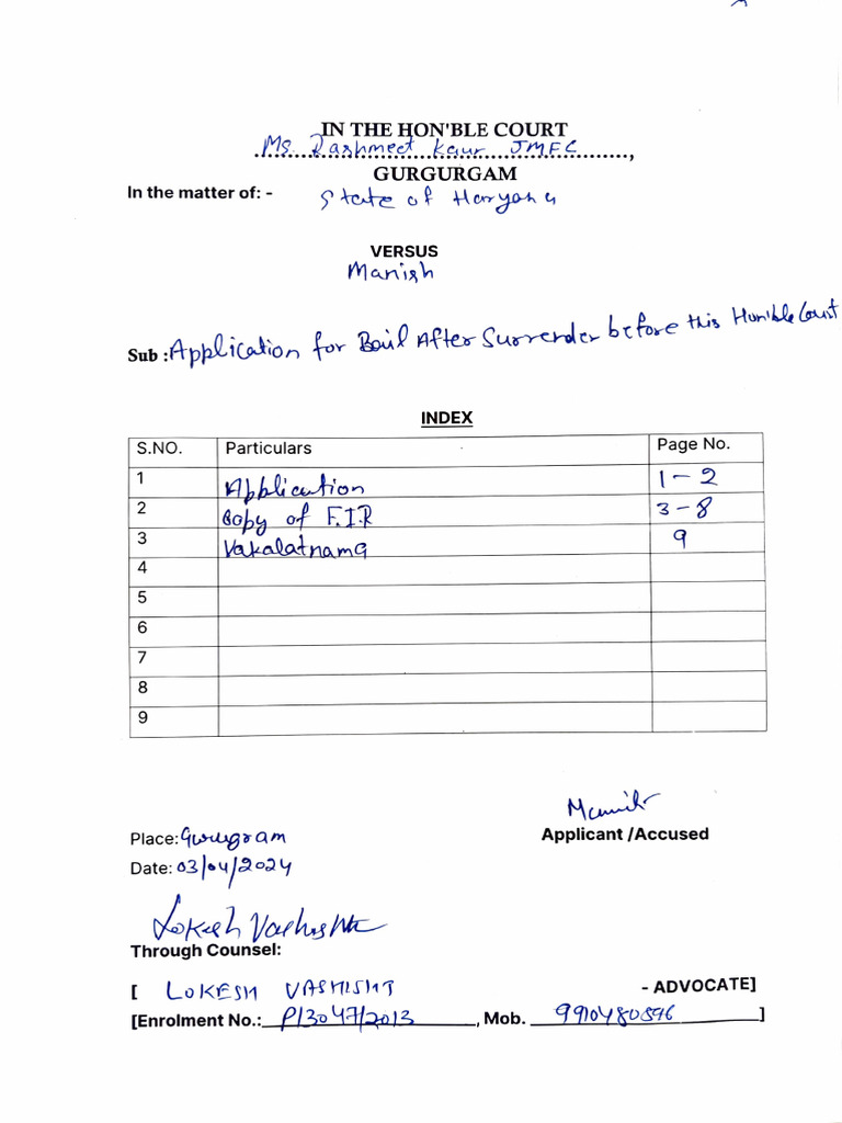 Application for Surrender | PDF | Bail | Legal Action