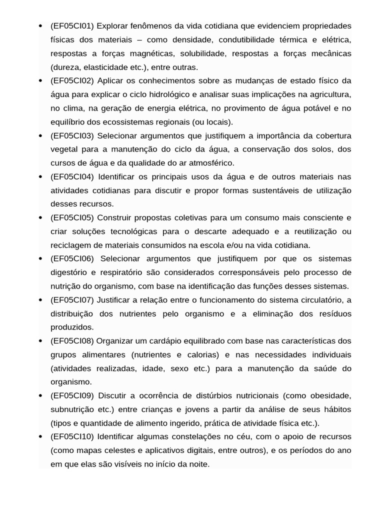 Habilidades de Ciências 5º Ano BNCC | PDF | Água | Física
