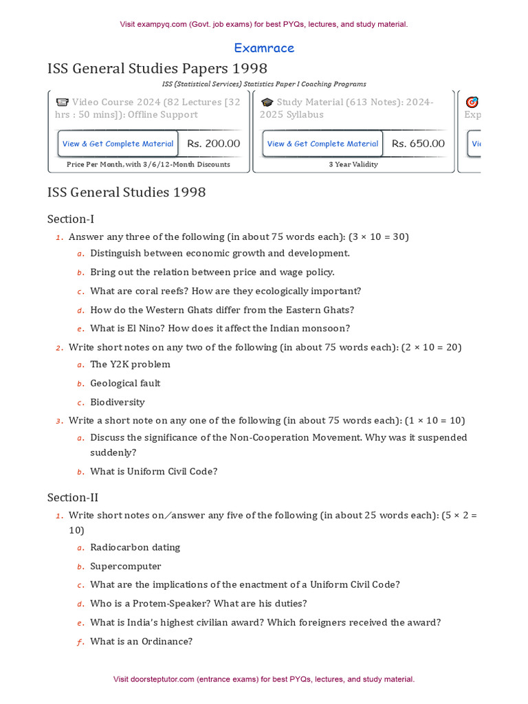 ISS General Studies Class 10 Paper 1998 | PDF