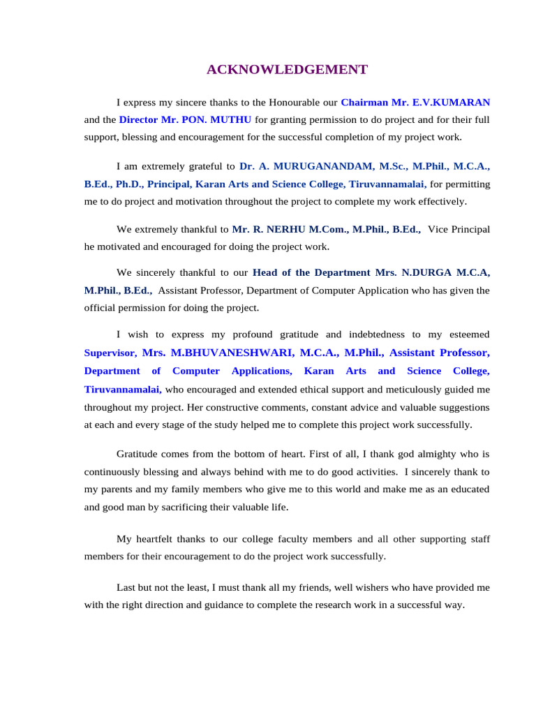 Project Acknowledgements and Gratitude | PDF