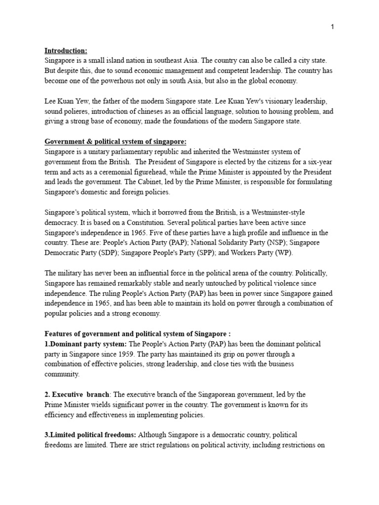 Singapore's Unitary Parliamentary System | PDF | Singapore | World Politics