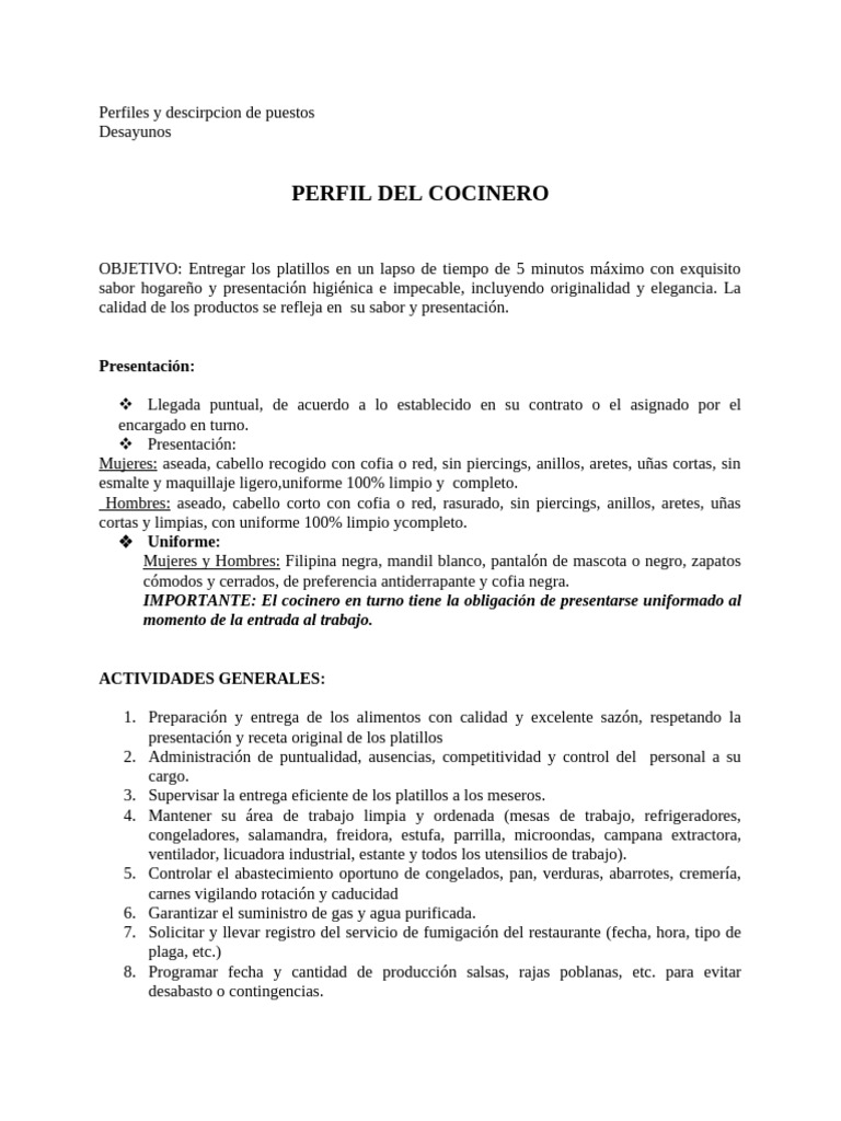 Perfiles de Puestos en Cocina y Barista | PDF | Cocina | Alimentos