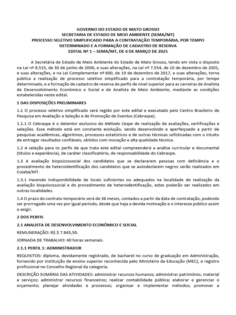 Processo Seletivo SEMA/MT 2025: Vagas e Requisitos | PDF | Diploma de ...