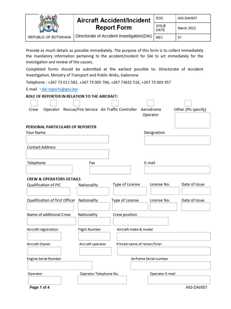 Botswana Aircraft Incident Report Form | PDF | Aeronautics | Airliner