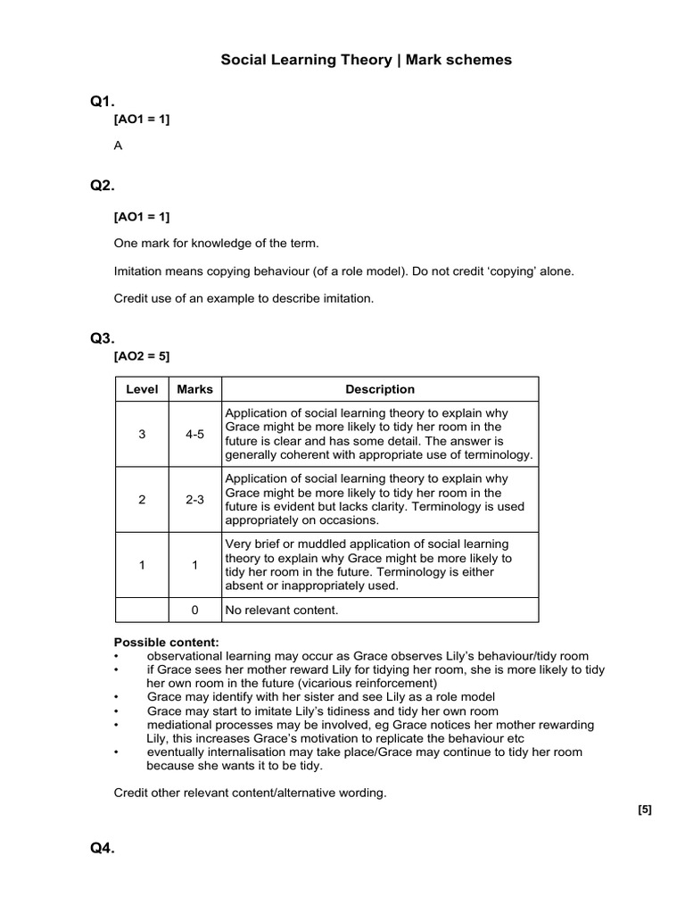 Social Learning Theory Mark Schemes | PDF | Learning | Behaviorism