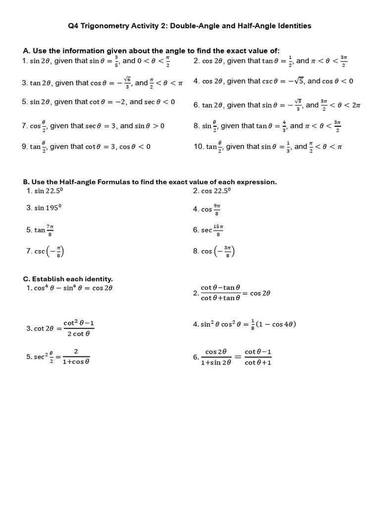 Double-Angle and Half-Angle Identities | PDF | Elementary Mathematics ...