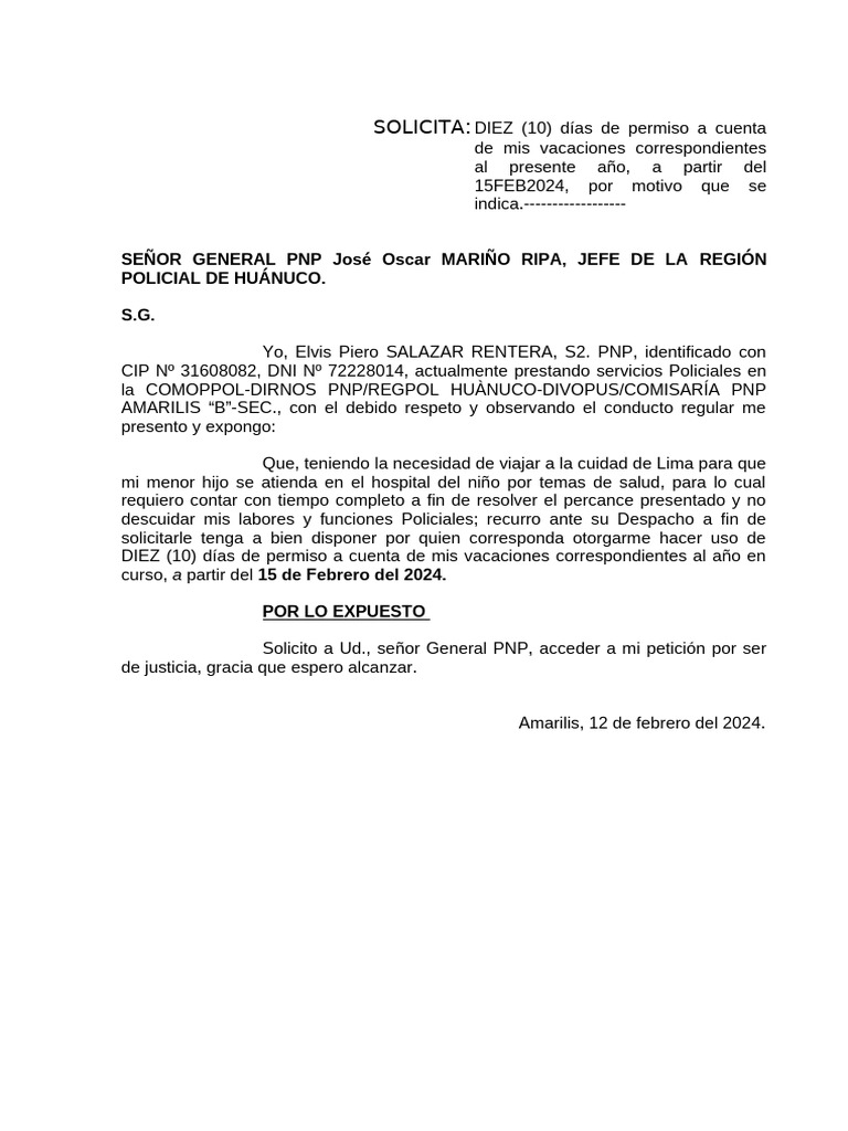 Solicitud de Permiso por Vacaciones PNP | PDF
