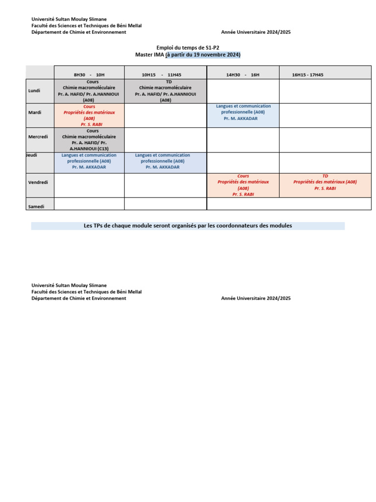 Emploi du temps Master IMA 2024/2025 | PDF