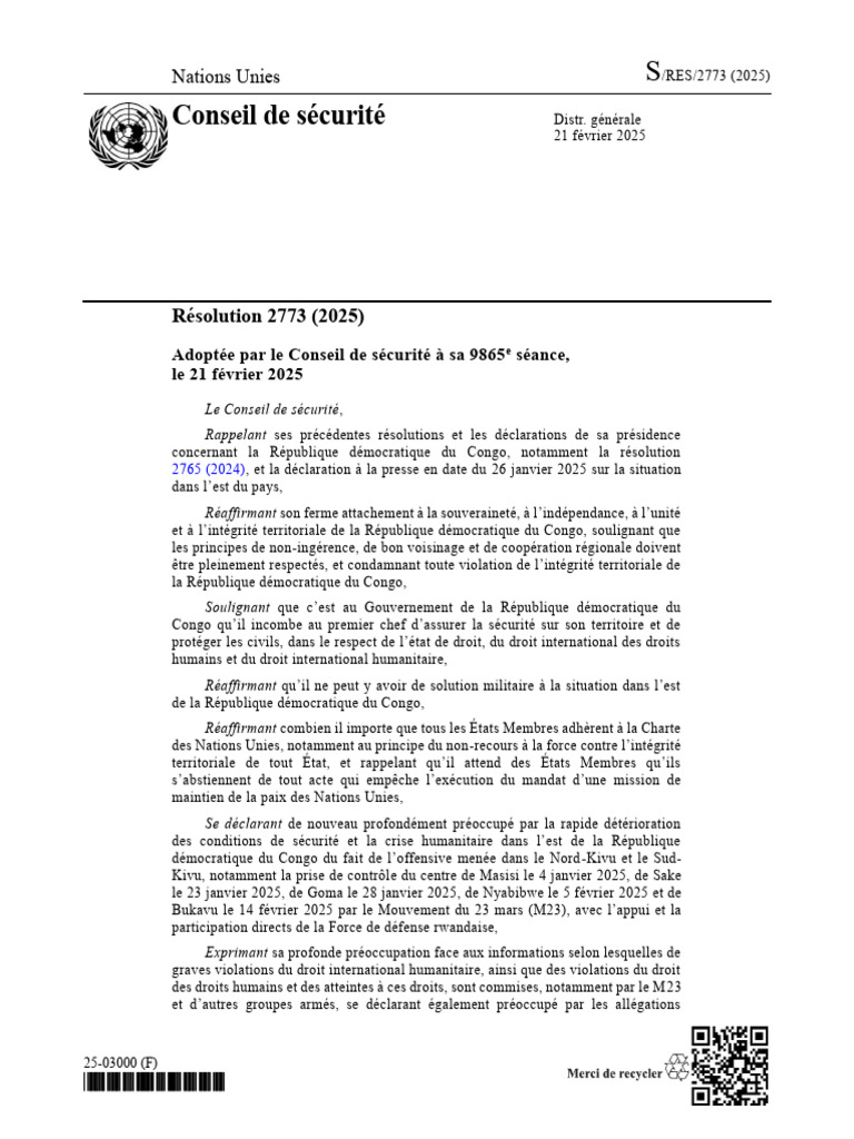 Résolution 2773 du Conseil de sécurité | PDF | République démocratique ...