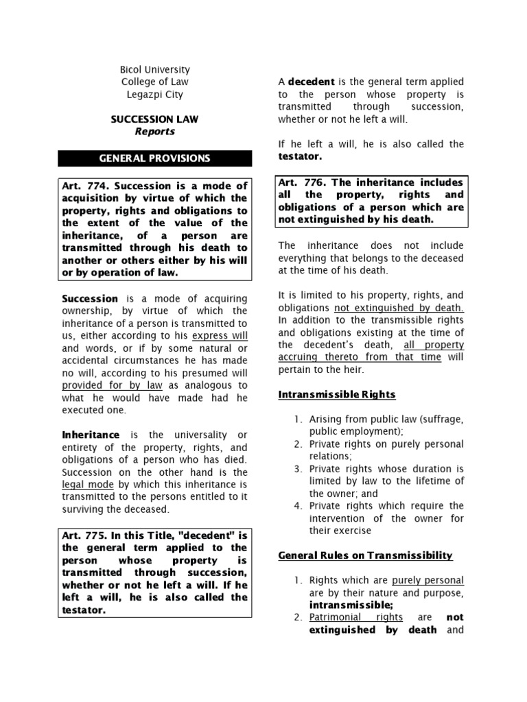 Basic Succession Law - Reviewer | PDF | Will And Testament | Inheritance
