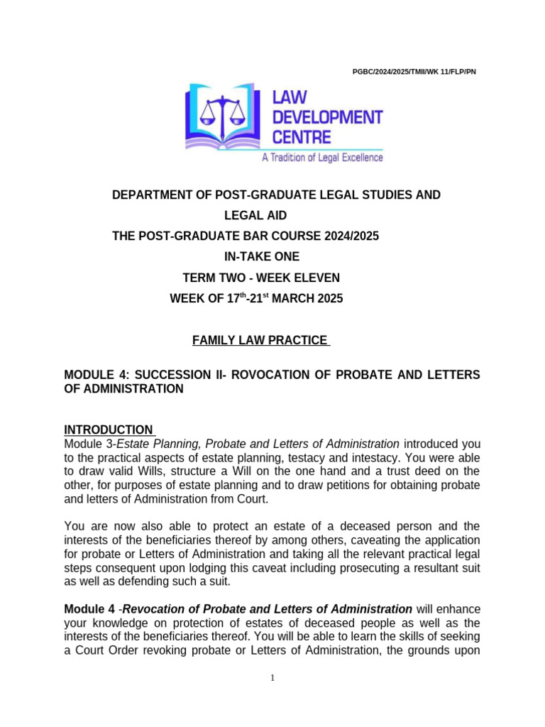 Module 4 Family Law Practice in Take 1 2024 2025 Final | PDF | Probate ...