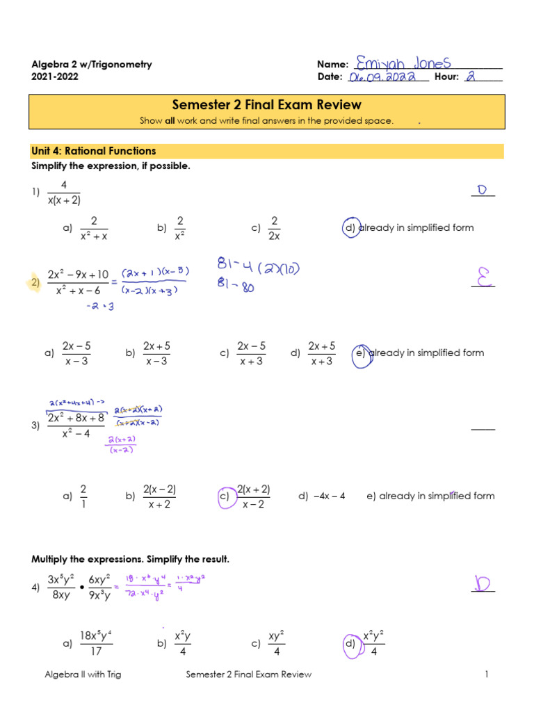 Algebra II Trig Semester 2 Exam Review | PDF | Equations | Trigonometry