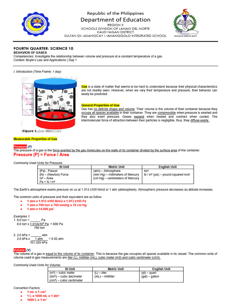 Science 10: Behavior of Gases Guide | PDF | Pressure | Gases