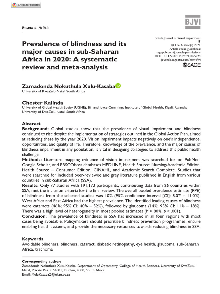 Prevalence of Blindness and Its Major Causes in Sub-Saharan Africa in ...