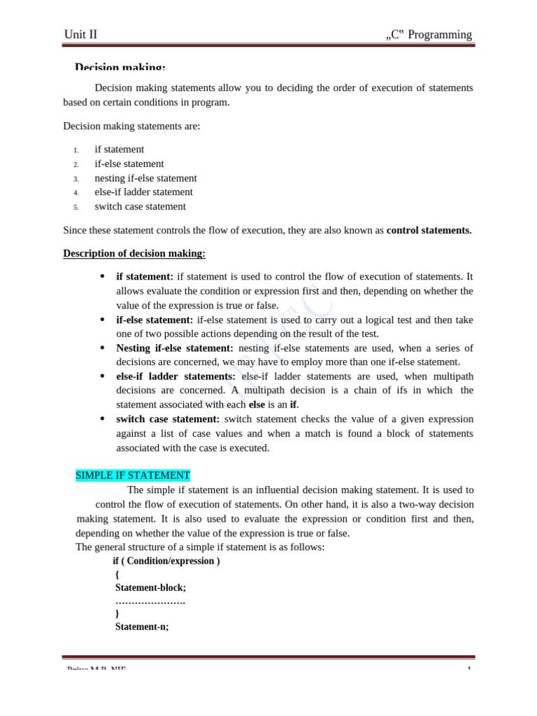 C Program Unit II Complete Notes - 231103 - 110902 | PDF | Control Flow ...