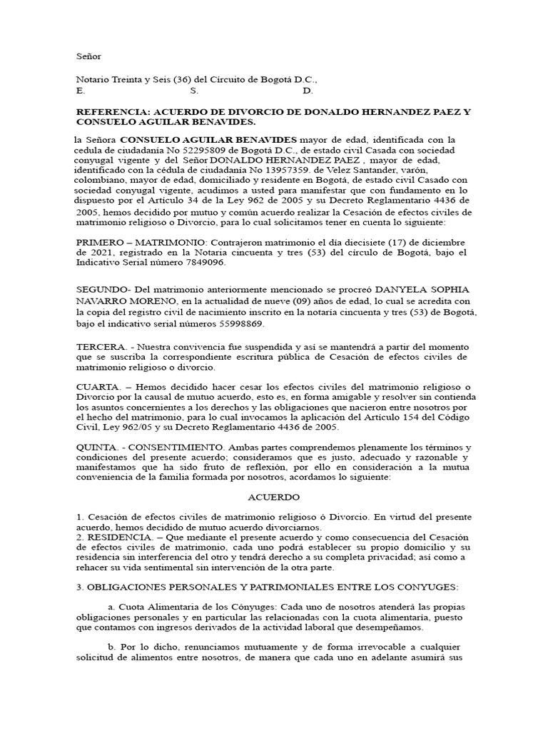 Acuerdo de Divorcio y Custodia Menor | PDF | Divorcio | Matrimonio
