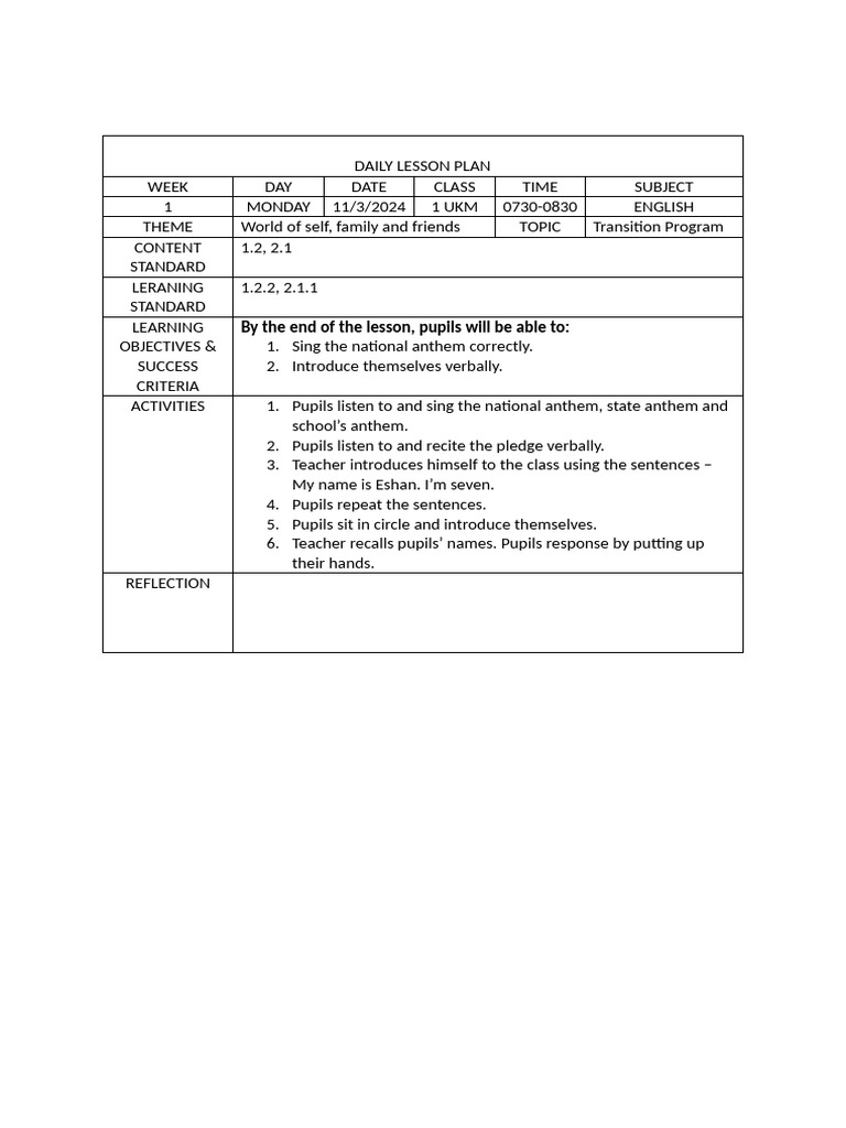 English Lesson Plan: Self & Friends | PDF