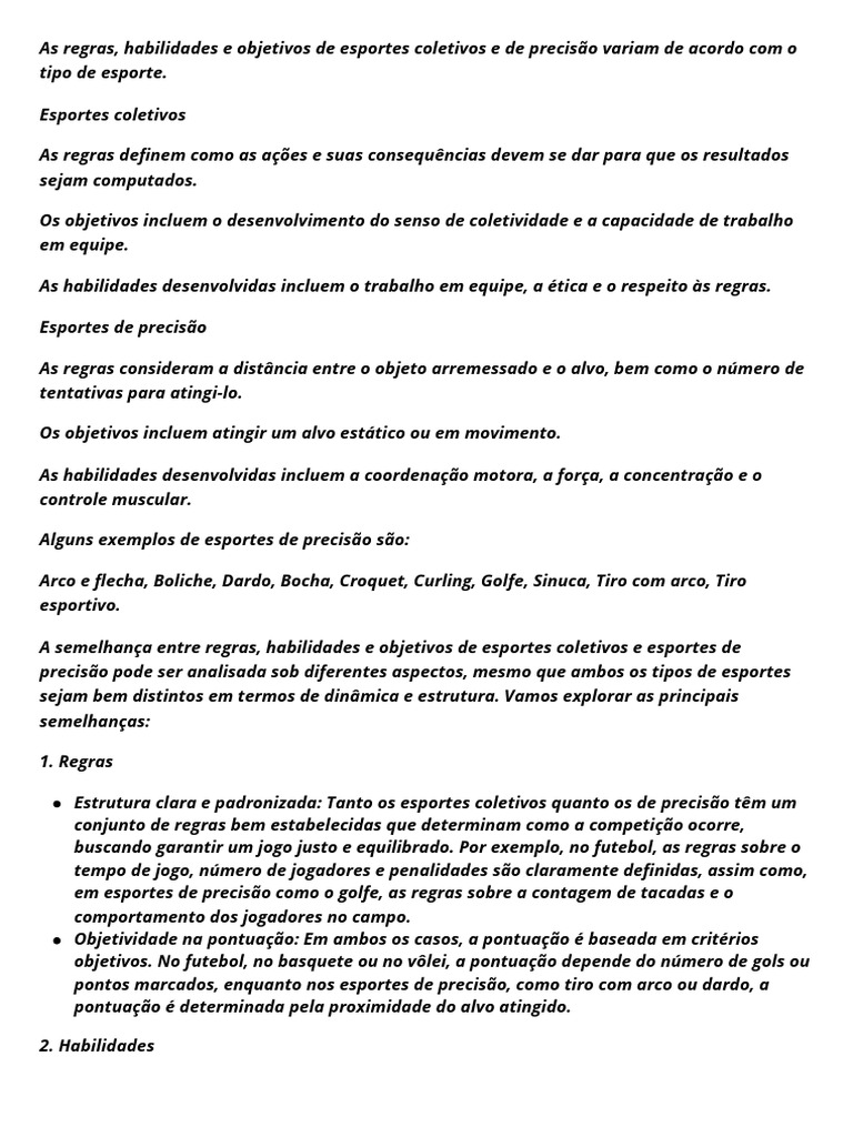 Semelhanças entre Esportes Coletivos e de Precisão | PDF | Esportes ...