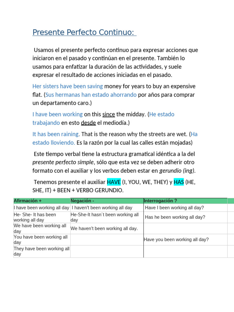 Uso del Presente Perfecto Continuo | PDF