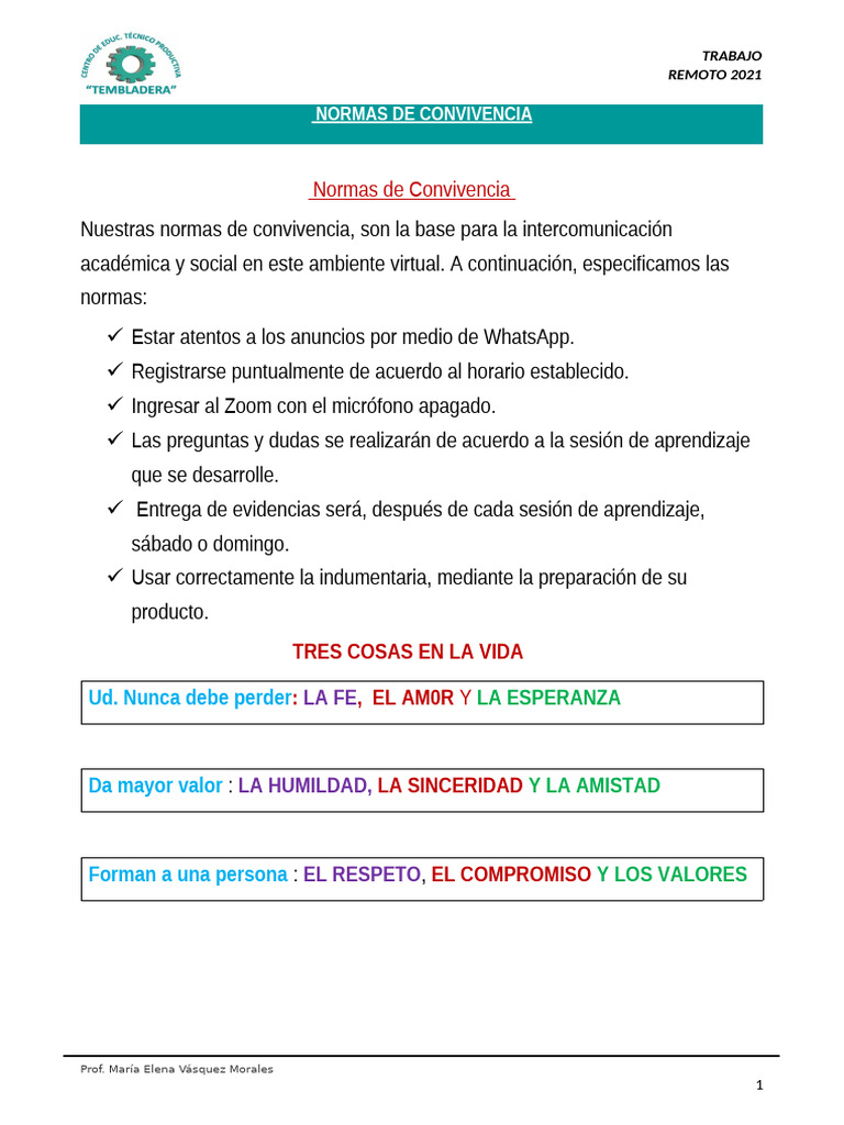 Normas de Convivencia para Secundaria | PDF