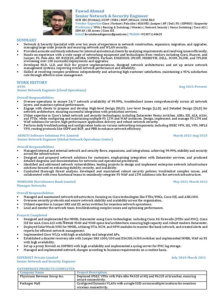 Senior Network & Security Engineer Profile | PDF | Computer Network ...