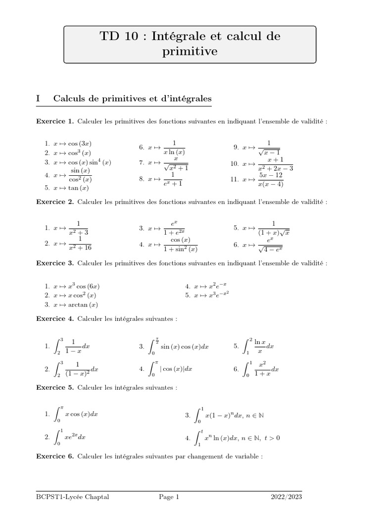 Primitives et intégrales : exercices variés | PDF | Limite ...