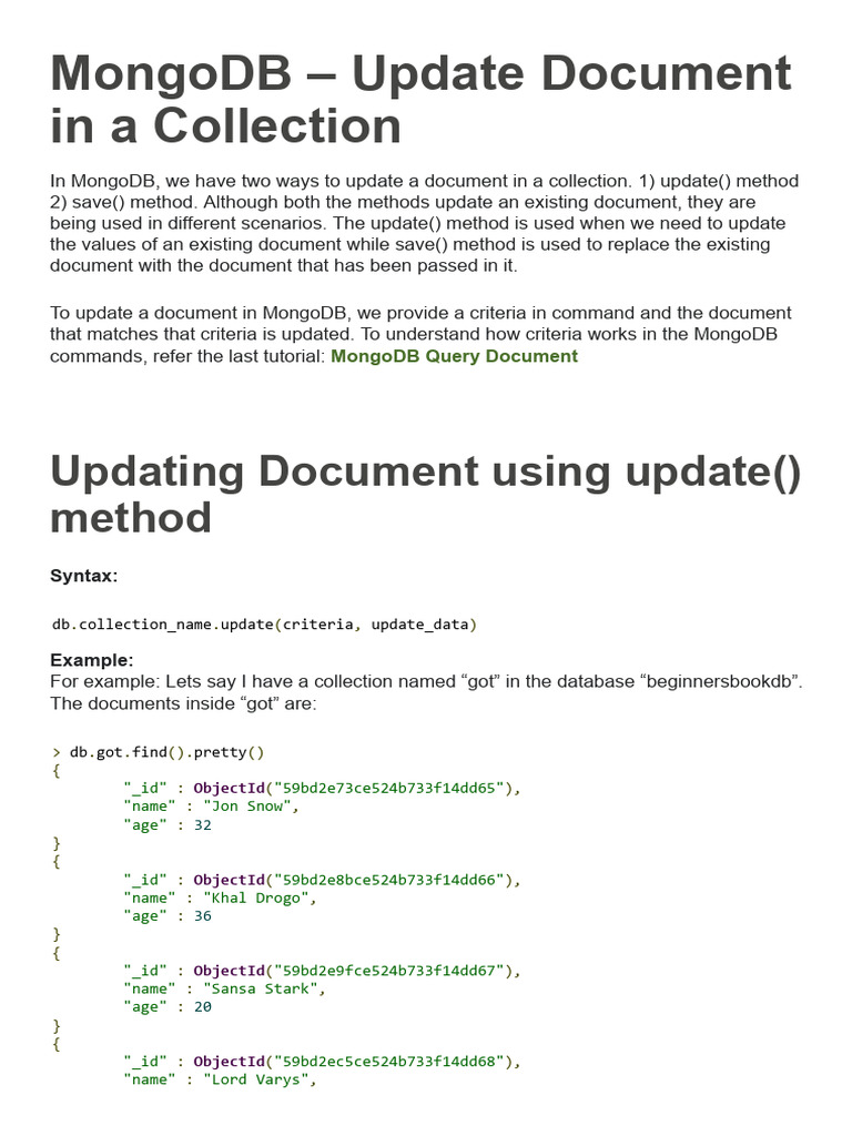 MongoDB Document Update Methods | PDF | Mongo Db | Data Management