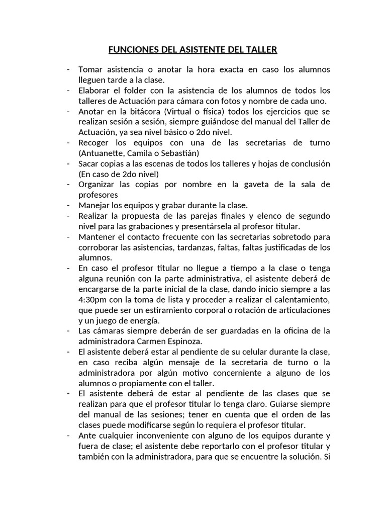 Funciones del Asistente de Taller | PDF
