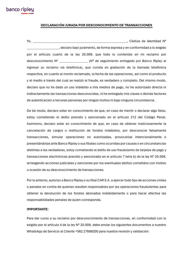 Declaración Jurada Ley 20.009 | PDF | Bancos | Justicia
