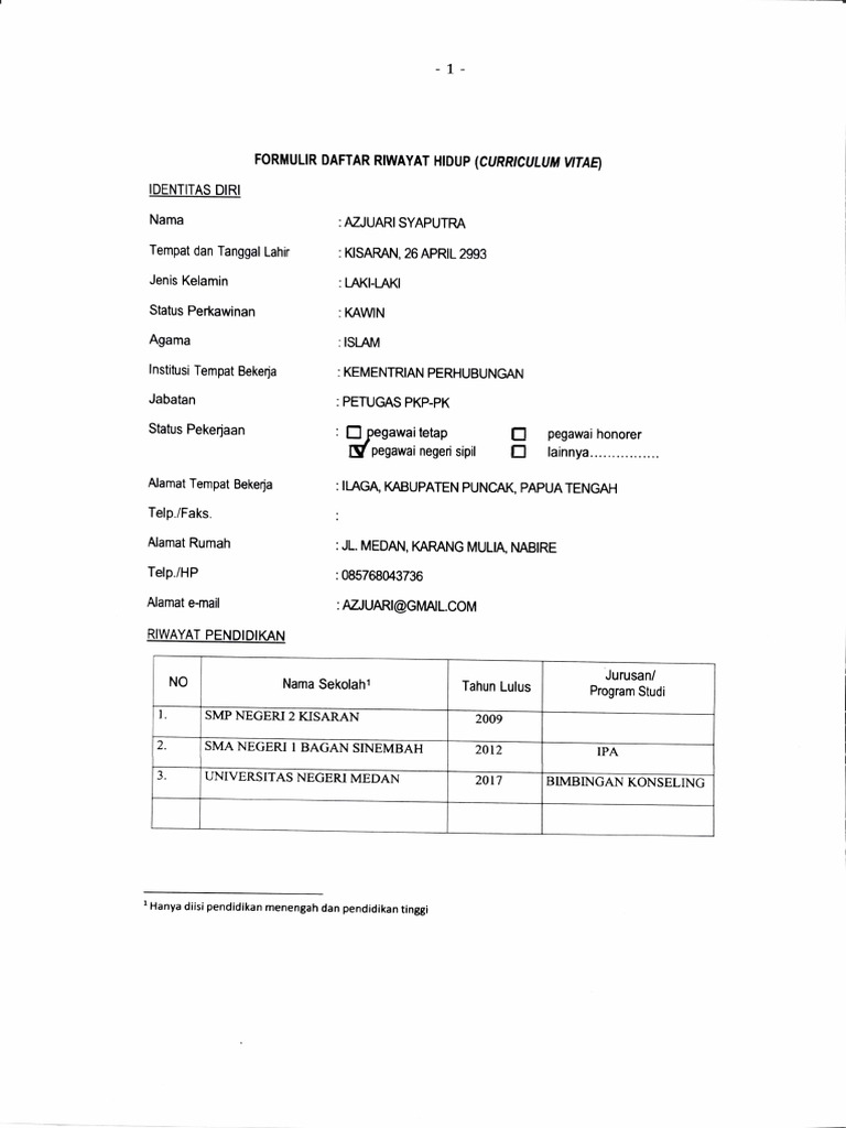 Contoh CV untuk Lamaran Kerja UT | PDF
