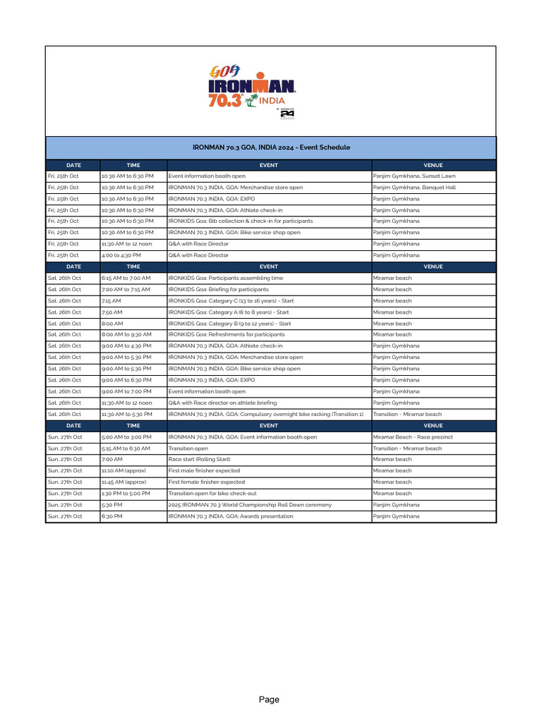 Im 70.3 Goa Event Schedule English 2024 | PDF | Ironman Triathlon ...
