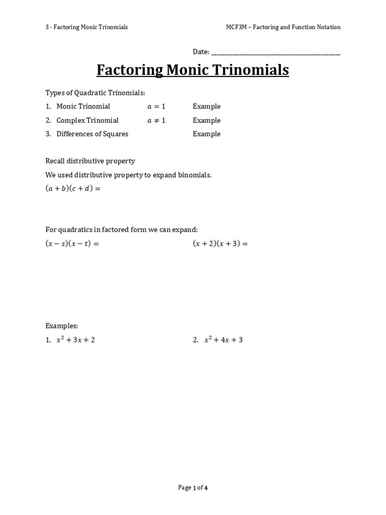 Factoring Monic Trinomials Guide | PDF