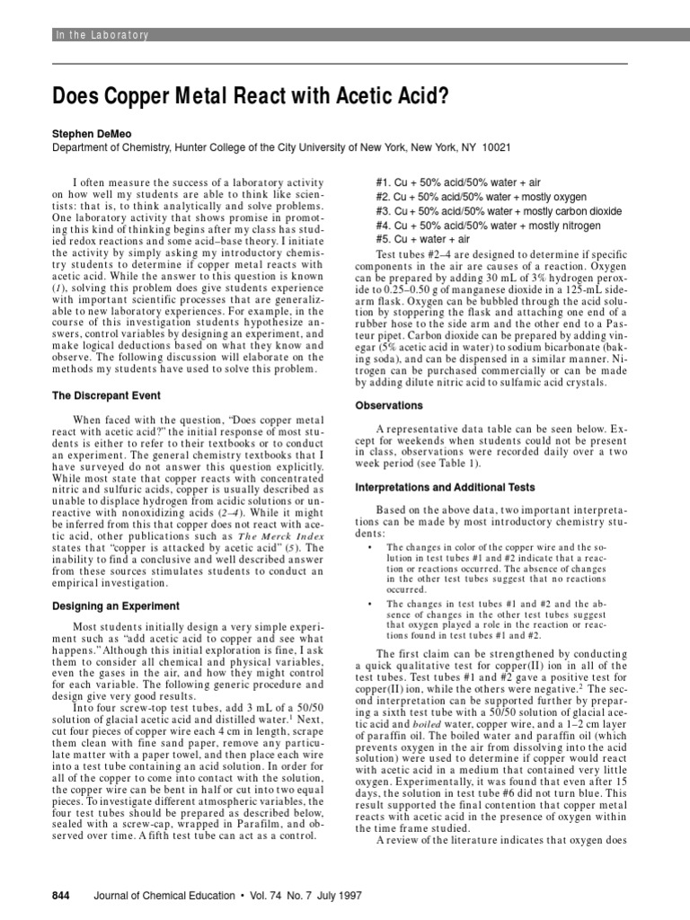 Copper and Acetic Acid PDF Electrochemistry Acid